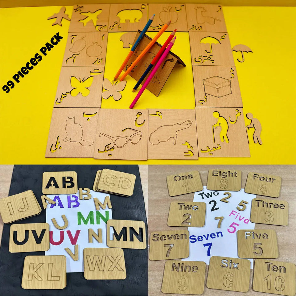 3-in-1 Wooden Kids Drawing Stencils & Puzzle – Jumbo Pack (99 Pieces)